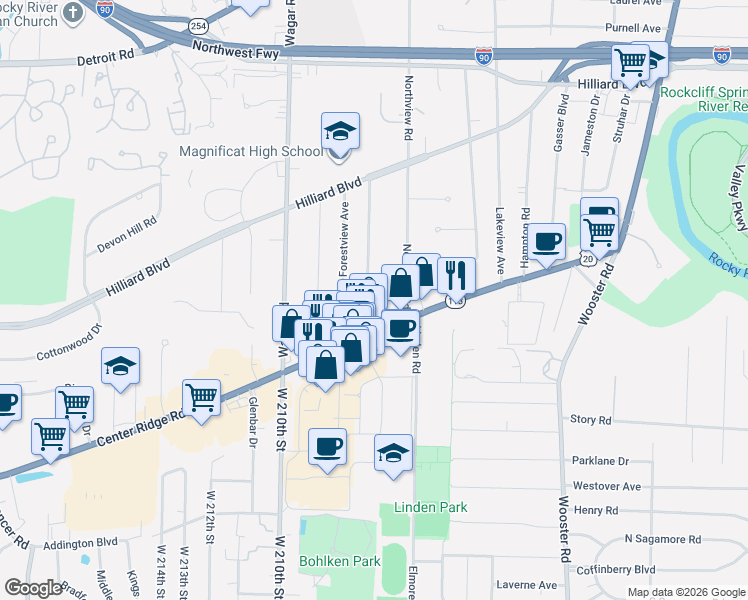map of restaurants, bars, coffee shops, grocery stores, and more near 2865 Dale Avenue in Rocky River