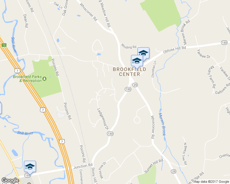 map of restaurants, bars, coffee shops, grocery stores, and more near 22 Ledgewood Drive in Brookfield