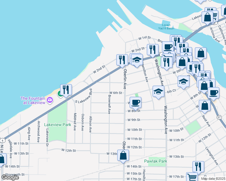 map of restaurants, bars, coffee shops, grocery stores, and more near 1234 West 6th Street in Lorain