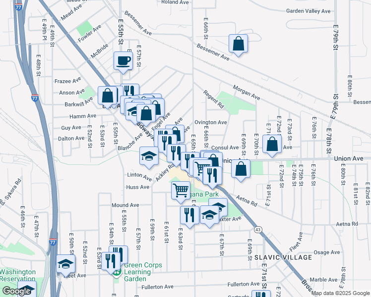 map of restaurants, bars, coffee shops, grocery stores, and more near 6234 Hinde Avenue in Cleveland