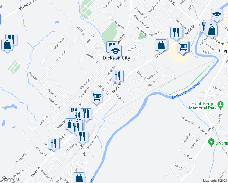 map of restaurants, bars, coffee shops, grocery stores, and more near 1013 Grant Court in Dickson City