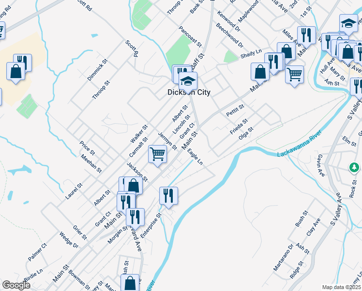 map of restaurants, bars, coffee shops, grocery stores, and more near 1013 Grant Court in Dickson City