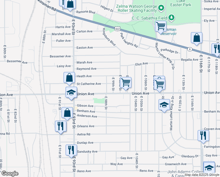 map of restaurants, bars, coffee shops, grocery stores, and more near 3495 East 98th Street in Cleveland