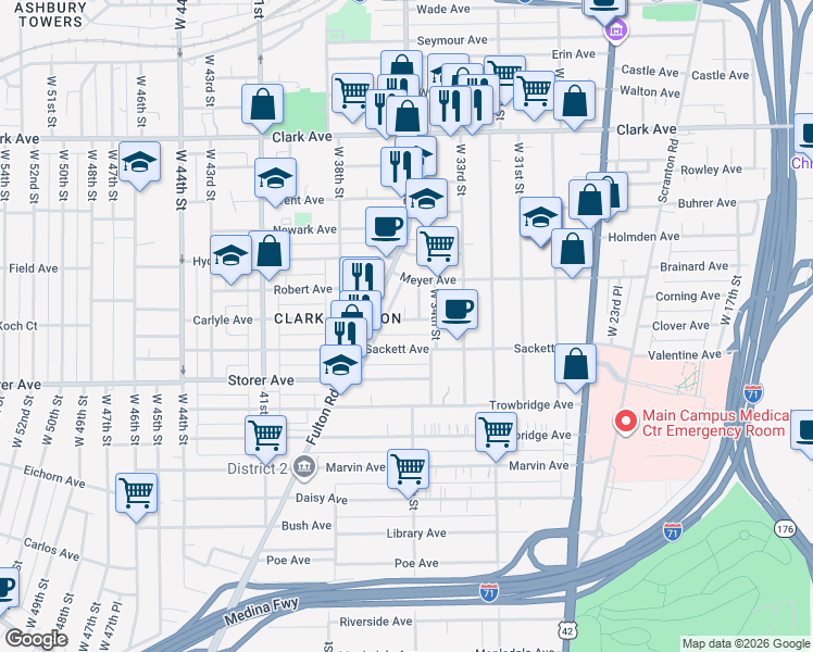 map of restaurants, bars, coffee shops, grocery stores, and more near 3546 Carlyle Avenue in Cleveland
