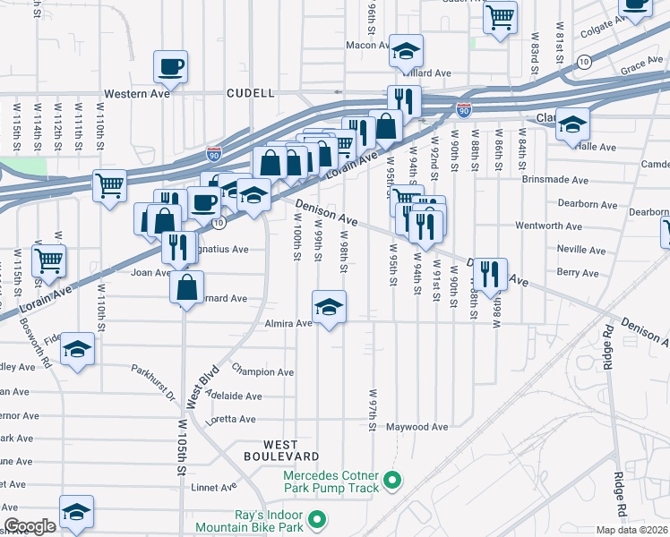 map of restaurants, bars, coffee shops, grocery stores, and more near in Cleveland