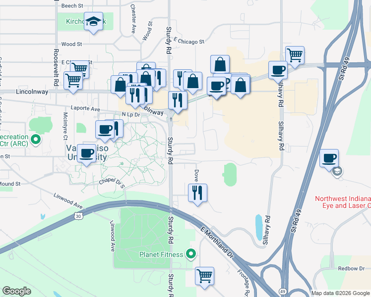 map of restaurants, bars, coffee shops, grocery stores, and more near 364 Mayfield Avenue in Valparaiso