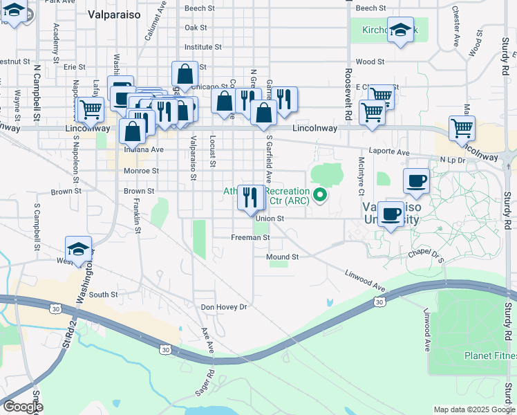 map of restaurants, bars, coffee shops, grocery stores, and more near 353 South Greenwich Street in Valparaiso