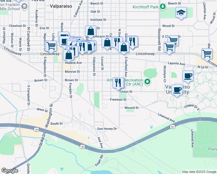 map of restaurants, bars, coffee shops, grocery stores, and more near 352-356 College Avenue in Valparaiso