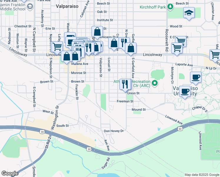map of restaurants, bars, coffee shops, grocery stores, and more near 352 Locust Street in Valparaiso