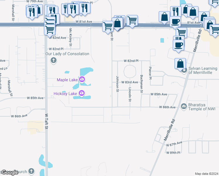 map of restaurants, bars, coffee shops, grocery stores, and more near 8400 Grant Street in Merrillville