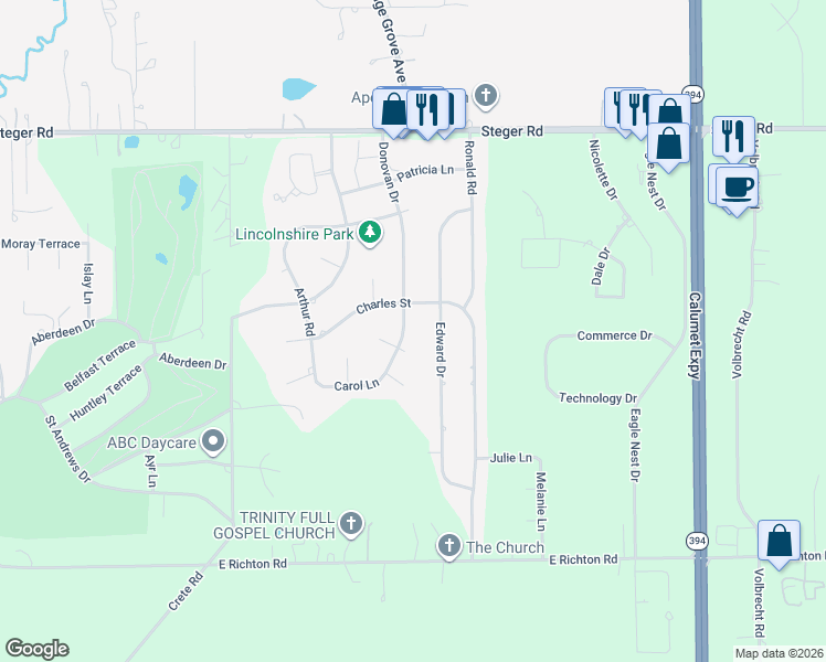 map of restaurants, bars, coffee shops, grocery stores, and more near 3571 Donovan Drive in Crete