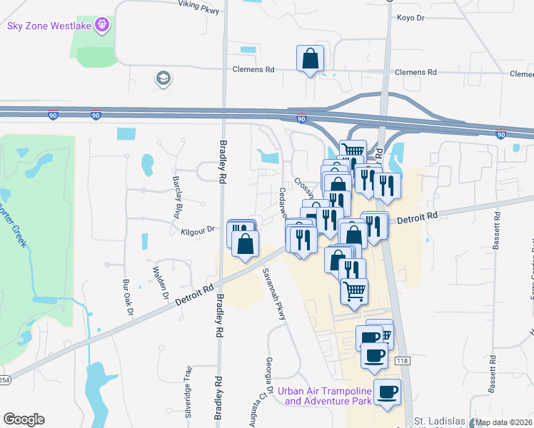 map of restaurants, bars, coffee shops, grocery stores, and more near 1640 Cedarwood Drive in Westlake
