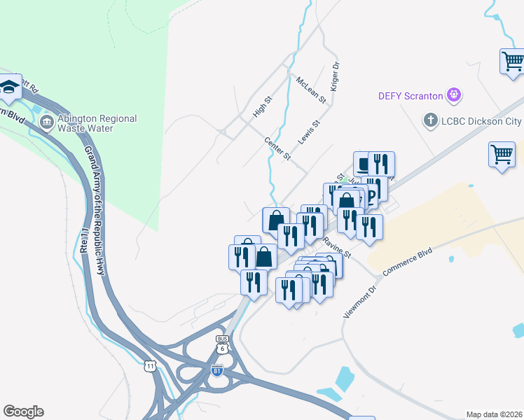 map of restaurants, bars, coffee shops, grocery stores, and more near Viewmont Estates in Scranton