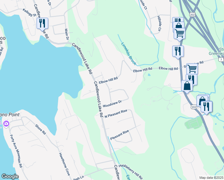 map of restaurants, bars, coffee shops, grocery stores, and more near 14 Horseshoe Drive in Brookfield