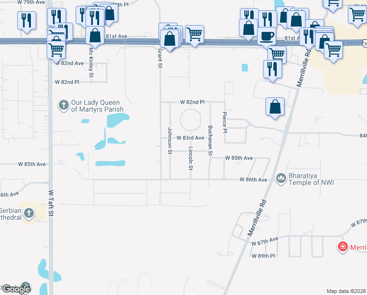 map of restaurants, bars, coffee shops, grocery stores, and more near 1469 W 83rd Ave in Merrillville