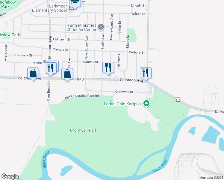 map of restaurants, bars, coffee shops, grocery stores, and more near 3109 Cromwell Drive in Lorain