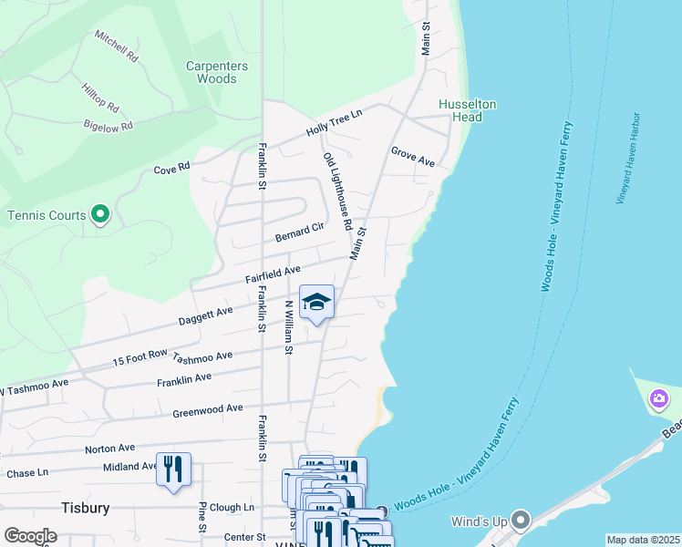 map of restaurants, bars, coffee shops, grocery stores, and more near 354 Main Street in Tisbury