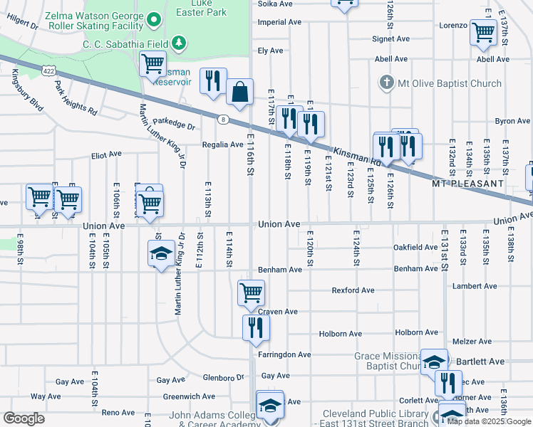 map of restaurants, bars, coffee shops, grocery stores, and more near 11617 Union Avenue in Cleveland