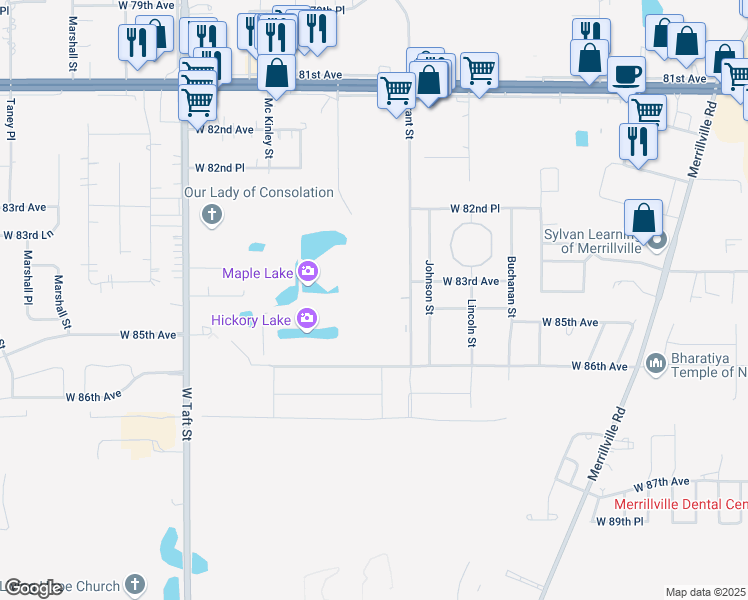 map of restaurants, bars, coffee shops, grocery stores, and more near 8400 Grant Circle in Merrillville