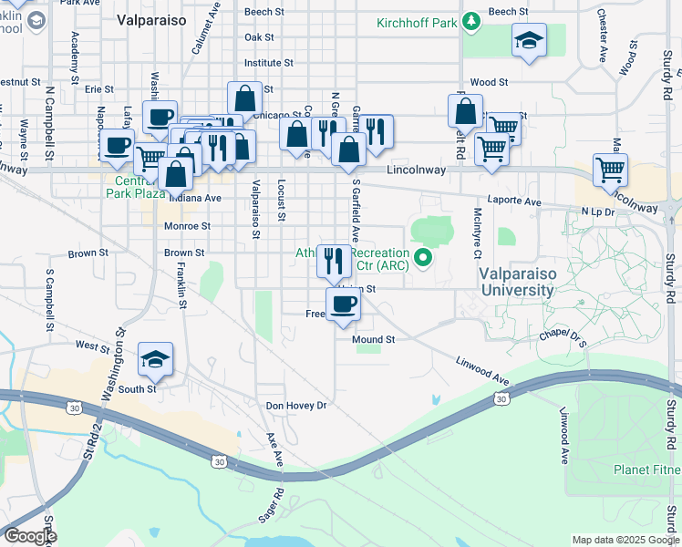 map of restaurants, bars, coffee shops, grocery stores, and more near 353 South Greenwich Street in Valparaiso