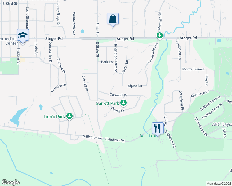 map of restaurants, bars, coffee shops, grocery stores, and more near 83 Cornwall Drive in Crete