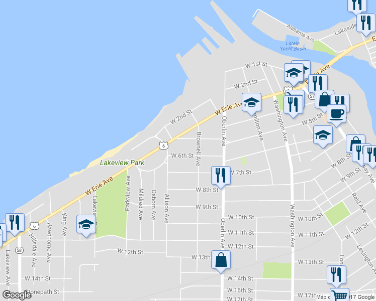 map of restaurants, bars, coffee shops, grocery stores, and more near 1316 West 6th Street in Lorain