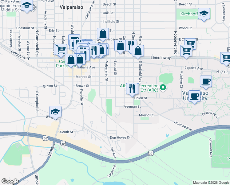 map of restaurants, bars, coffee shops, grocery stores, and more near 352 Locust Street in Valparaiso