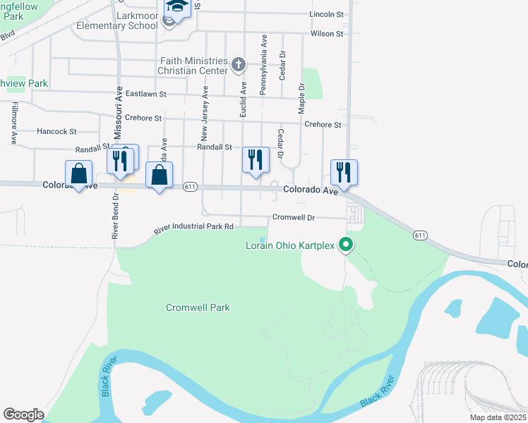map of restaurants, bars, coffee shops, grocery stores, and more near 3107 Cromwell Drive in Lorain