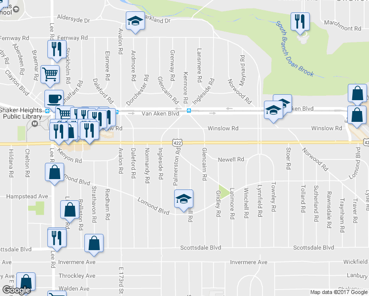 map of restaurants, bars, coffee shops, grocery stores, and more near 17916 Chagrin Boulevard in Shaker Heights