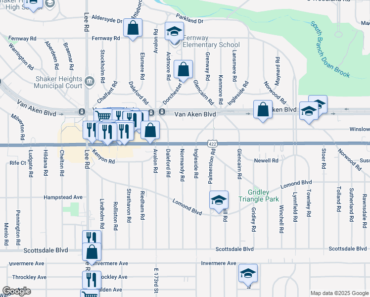 map of restaurants, bars, coffee shops, grocery stores, and more near 17600 Chagrin Boulevard in Shaker Heights