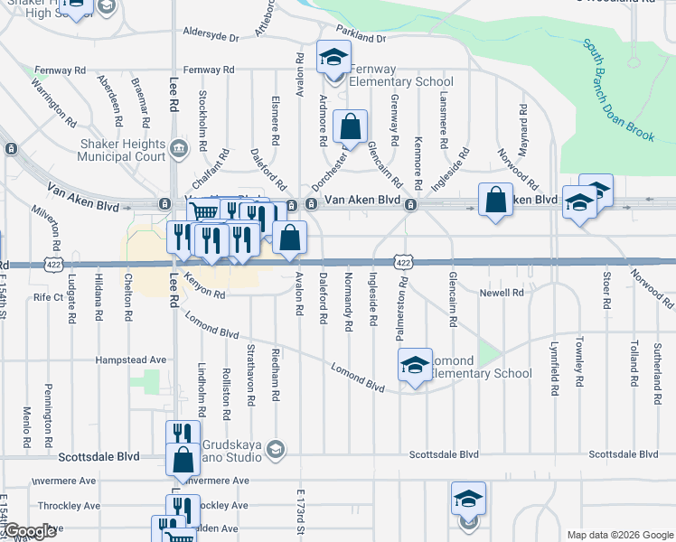 map of restaurants, bars, coffee shops, grocery stores, and more near 17600 Chagrin Boulevard in Shaker Heights