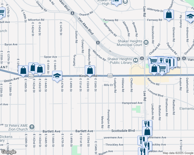 map of restaurants, bars, coffee shops, grocery stores, and more near in Cleveland