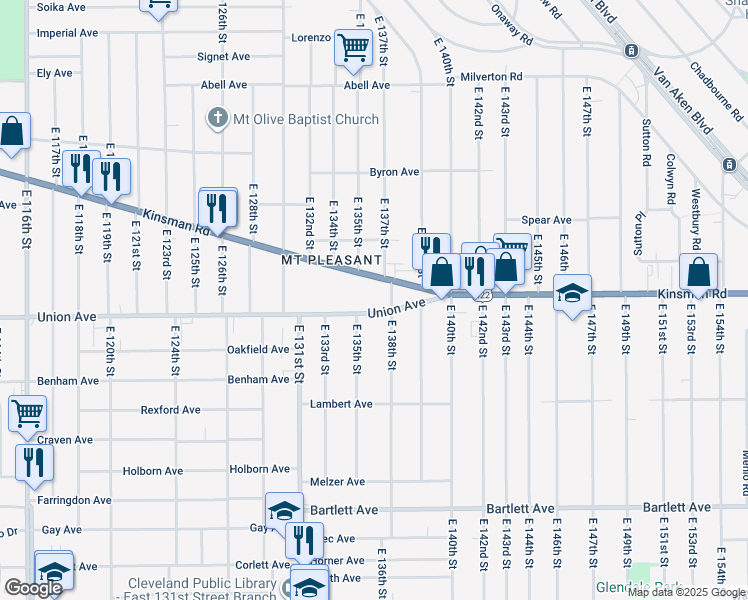 map of restaurants, bars, coffee shops, grocery stores, and more near 13512 Kinsman Road in Cleveland