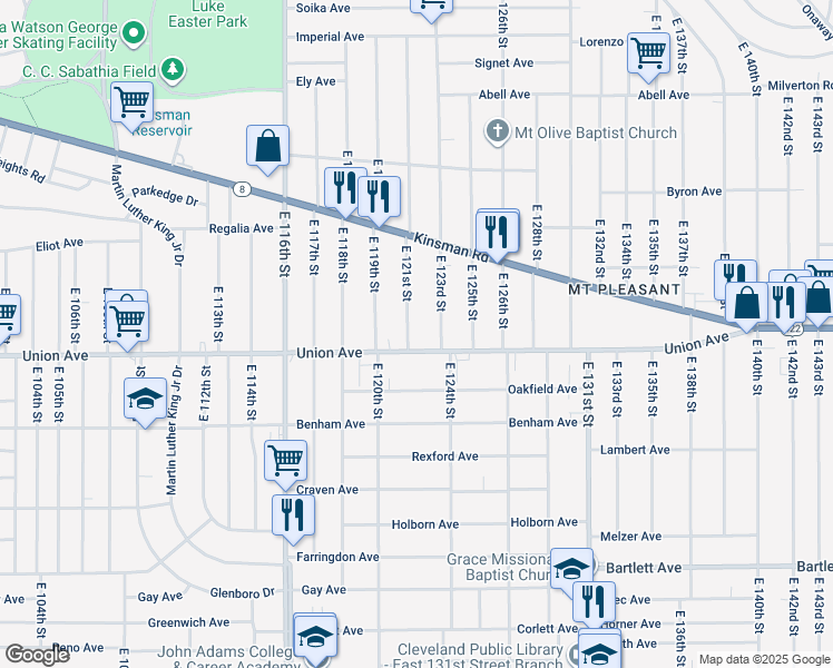 map of restaurants, bars, coffee shops, grocery stores, and more near 3462 East 121st Street in Cleveland