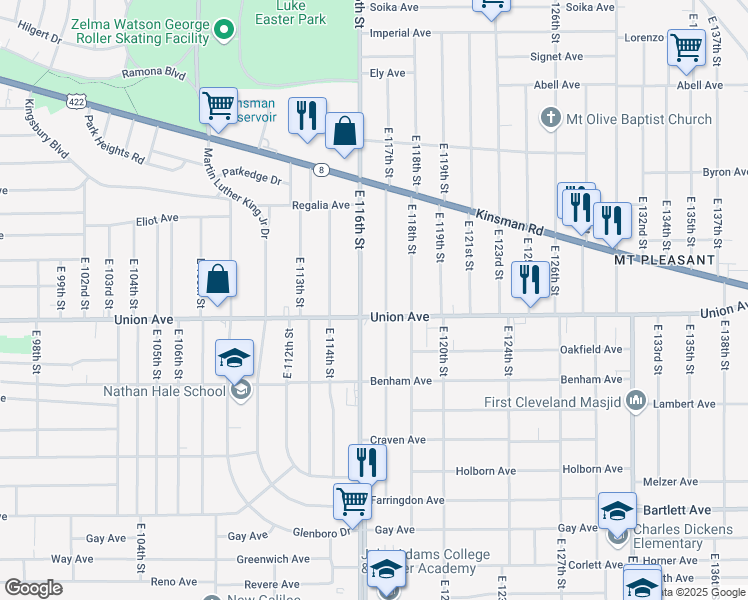 map of restaurants, bars, coffee shops, grocery stores, and more near 3464 East 116th Street in Cleveland