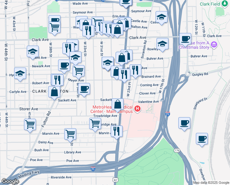 map of restaurants, bars, coffee shops, grocery stores, and more near 3292 West 30th Street in Cleveland