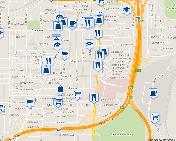 map of restaurants, bars, coffee shops, grocery stores, and more near 3292 West 30th Street in Cleveland