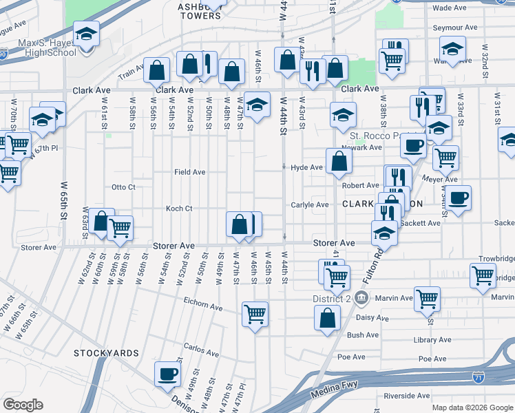 map of restaurants, bars, coffee shops, grocery stores, and more near 3284 West 46th Street in Cleveland