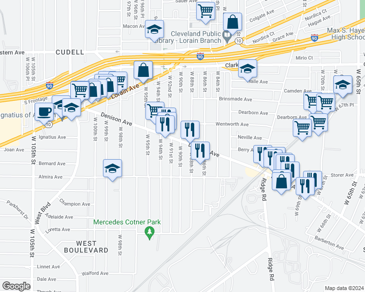 map of restaurants, bars, coffee shops, grocery stores, and more near 8900 Denison Avenue in Cleveland