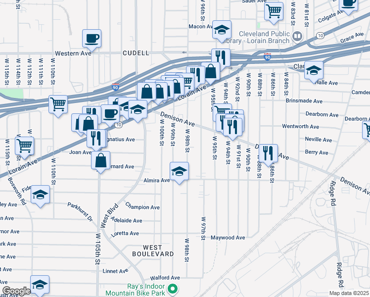 map of restaurants, bars, coffee shops, grocery stores, and more near in Cleveland