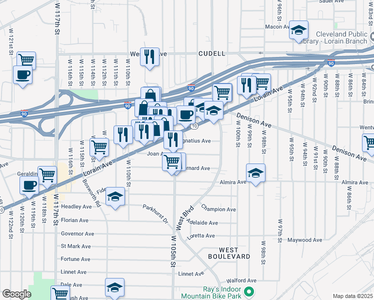 map of restaurants, bars, coffee shops, grocery stores, and more near 10407 Ignatius Avenue in Cleveland