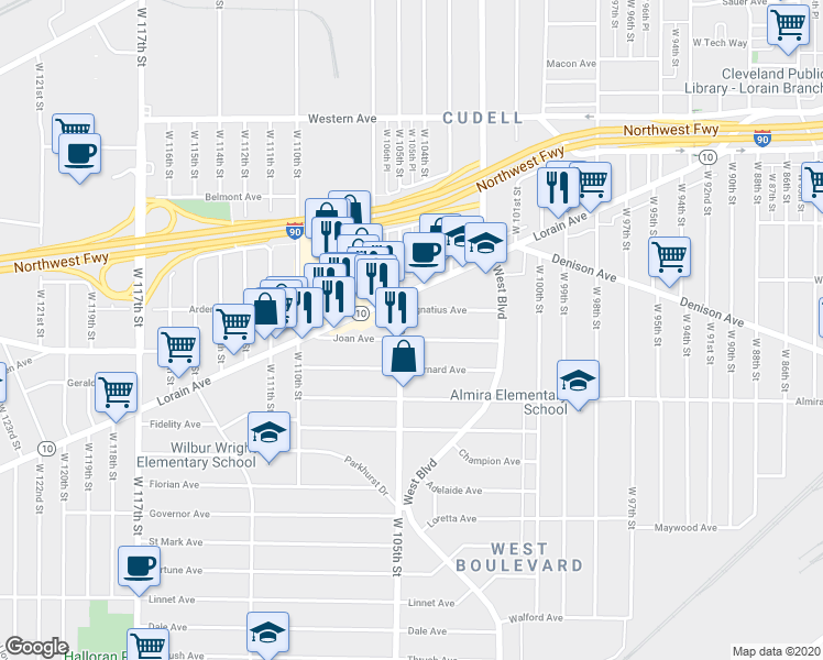 map of restaurants, bars, coffee shops, grocery stores, and more near 3238 West 105th Street in Cleveland