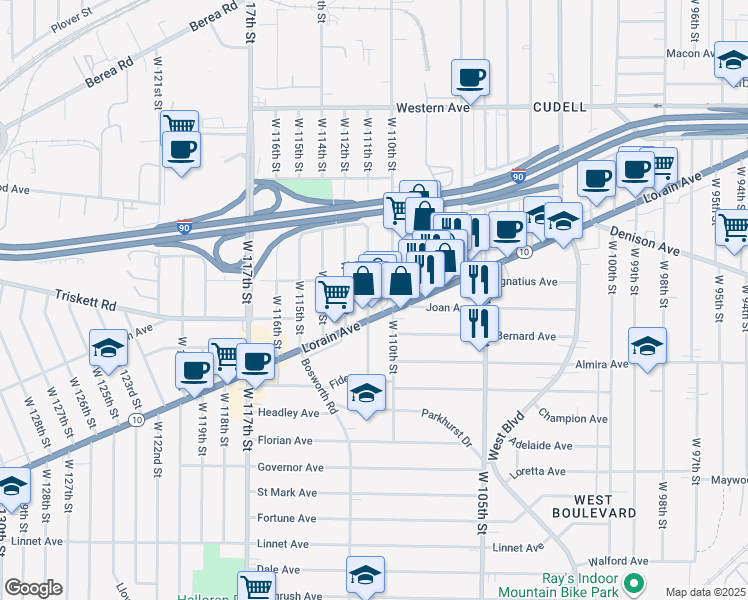 map of restaurants, bars, coffee shops, grocery stores, and more near 3227 West 111th Street in Cleveland