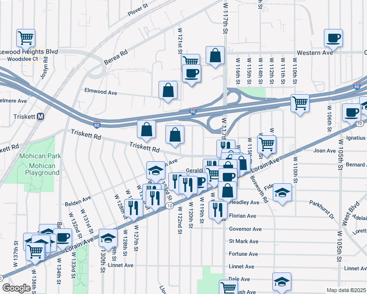 map of restaurants, bars, coffee shops, grocery stores, and more near 3237 West 121st Street in Cleveland