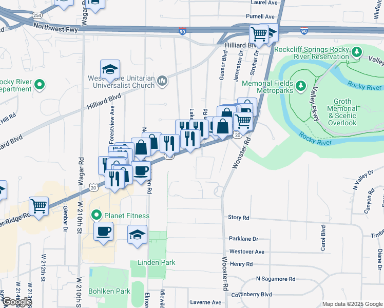 map of restaurants, bars, coffee shops, grocery stores, and more near in Rocky River