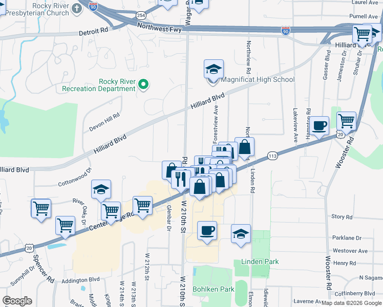map of restaurants, bars, coffee shops, grocery stores, and more near 2807 Wagar Road in Rocky River