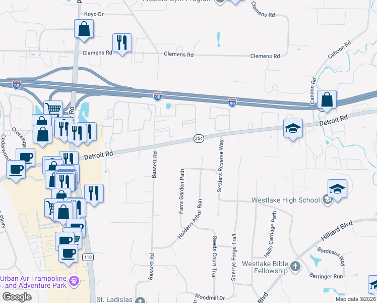 map of restaurants, bars, coffee shops, grocery stores, and more near 28821 Detroit Road in Westlake