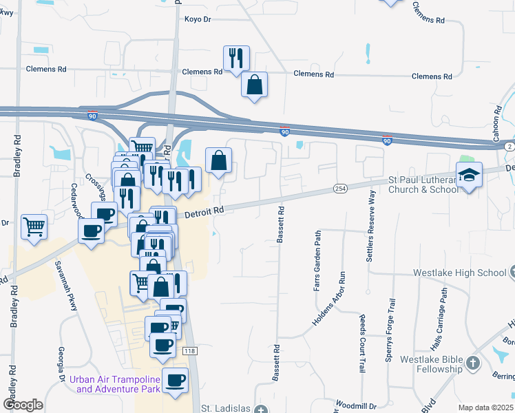 map of restaurants, bars, coffee shops, grocery stores, and more near 29338 Detroit Road in Westlake