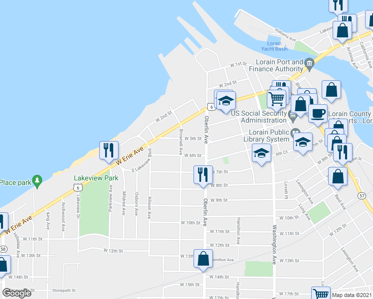 map of restaurants, bars, coffee shops, grocery stores, and more near in Lorain
