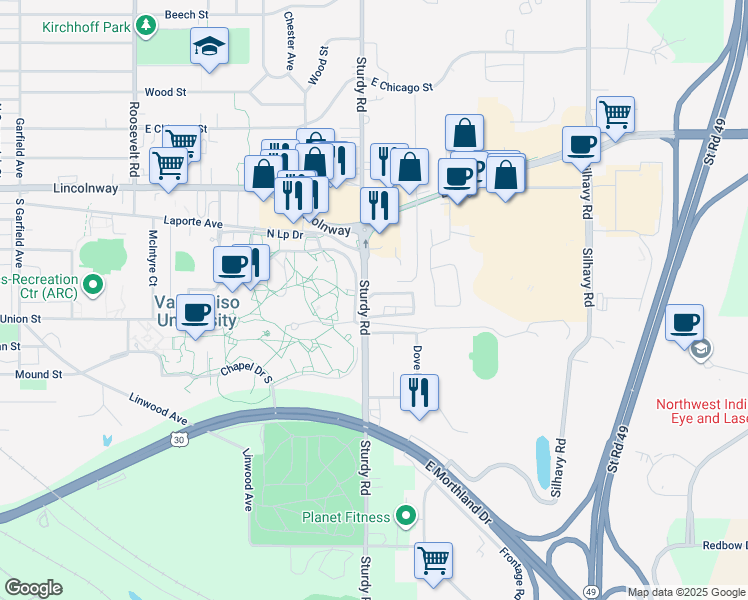 map of restaurants, bars, coffee shops, grocery stores, and more near 364 Mayfield Avenue in Valparaiso